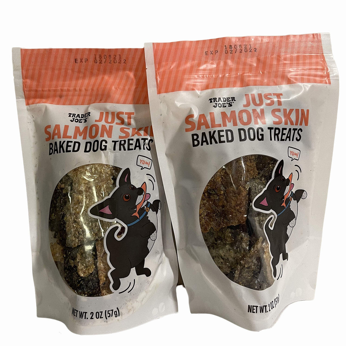 Trader Joe's salmon skin baked dog treats front view showcases savory texture for training rewards.
