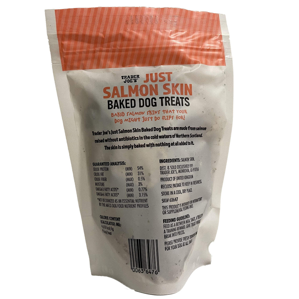 Trader Joe's salmon skin baked dog treats ingredient closeup highlights natural fish flavor and crunchy bite.