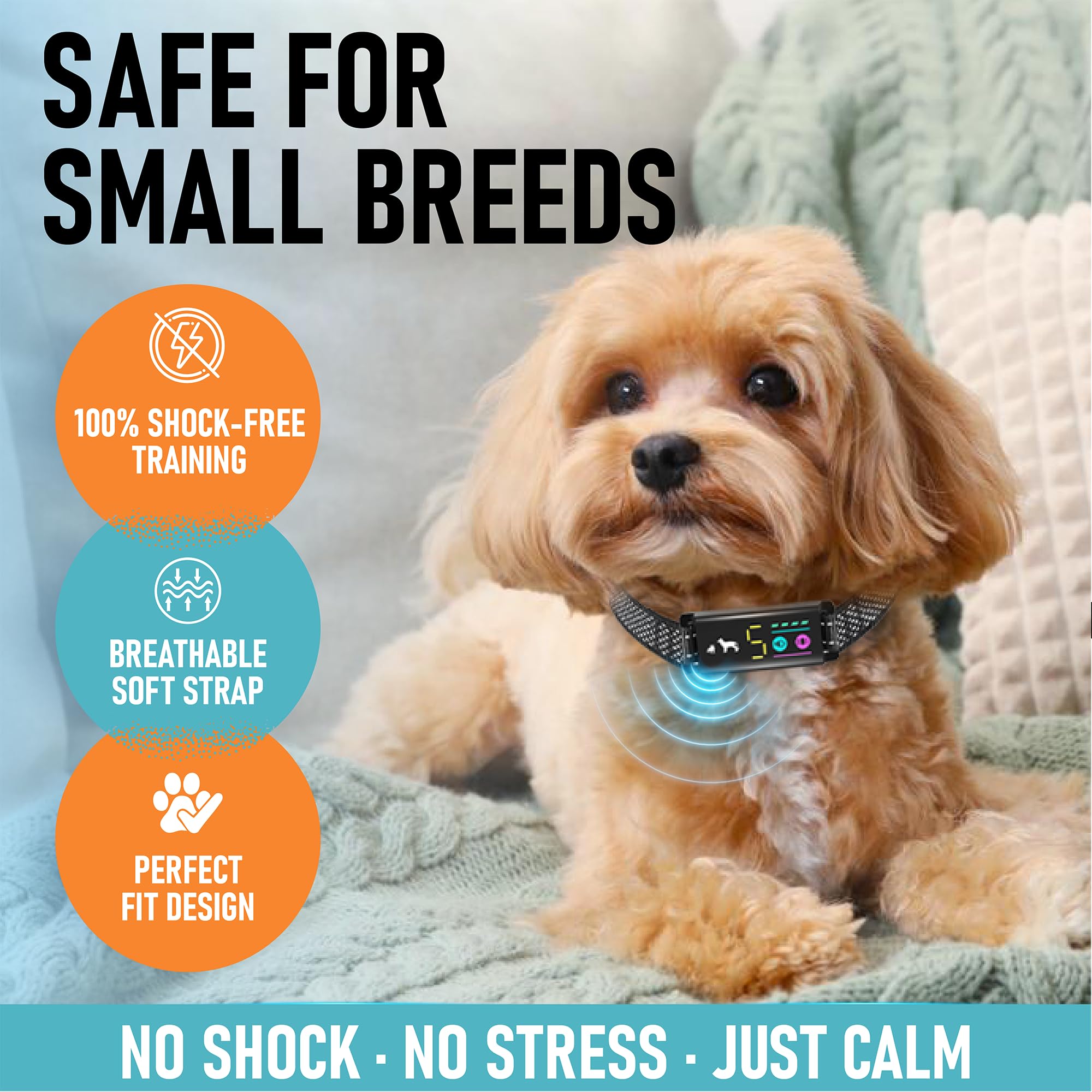 TrainTail No-Shock Bark Collar smart-screen enables easy mode setup and tuning