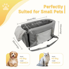 Tranquitas center-console dog seat dimensions illustrate compact fit for small dogs under 15 pounds.