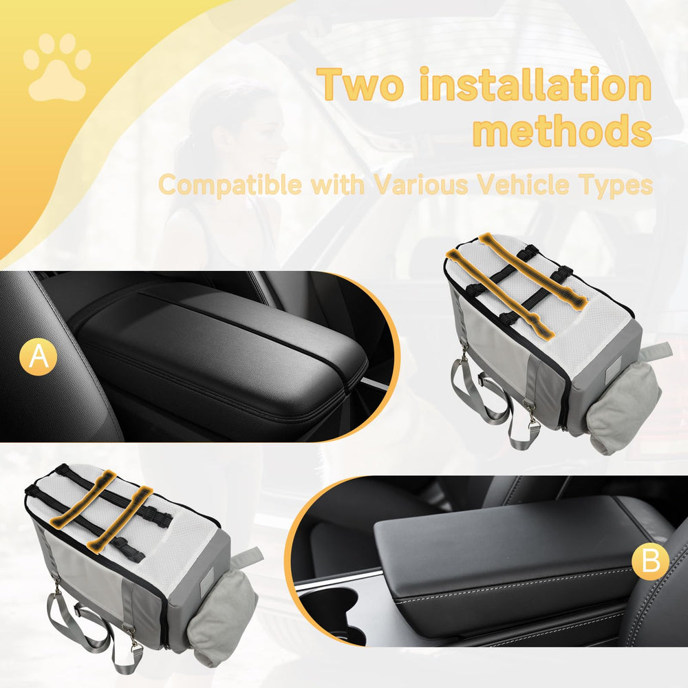 Tranquitas seat safety belt feature demonstrated for secure car travel with pets.
