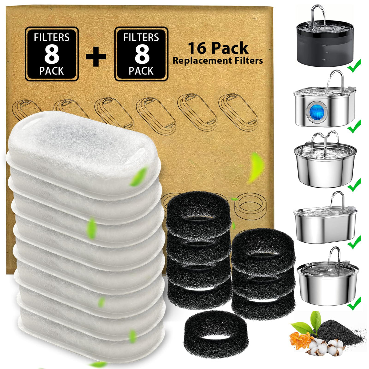 Trasekky cat fountain filter pack contents with replacement filters and sponges.