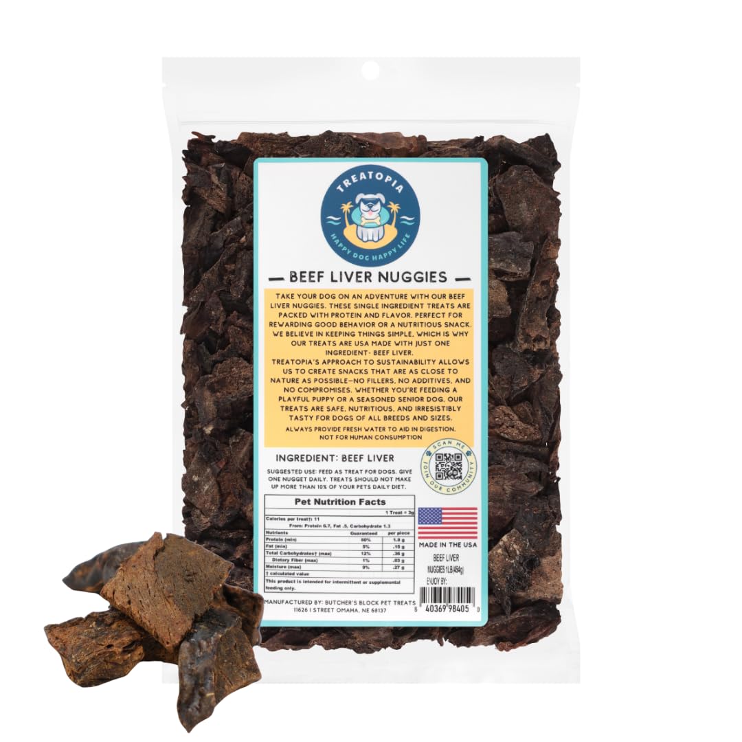 TREATOPIA Beef Liver Nuggies bag showcases premium USA-made dog treats for healthy snacking.