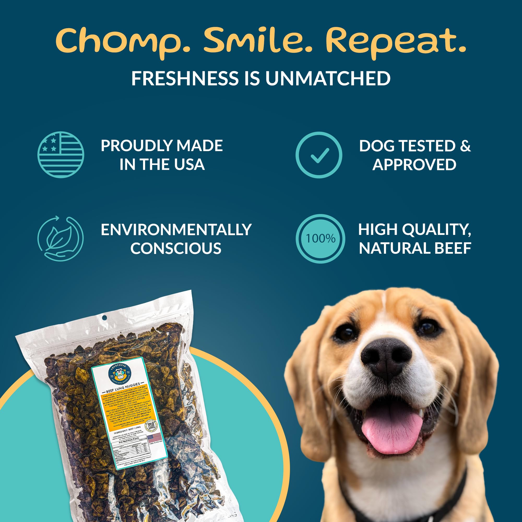 TREATOPIA Beef Lung Nuggies crunch pieces on a plate, highlighting high-protein, low-fat snack.