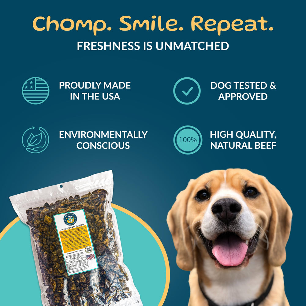 TREATOPIA Beef Lung Nuggies crunch pieces on a plate, highlighting high-protein, low-fat snack.