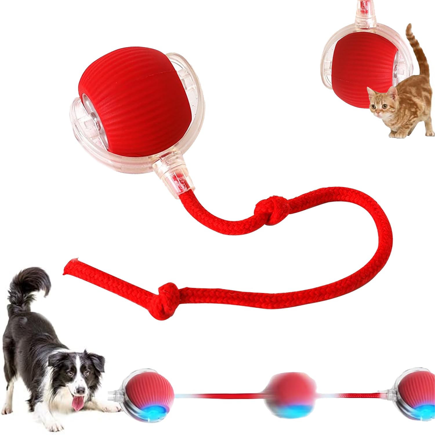 Treayes interactive red rolling ball toy, top view, keeps pets energized during play.