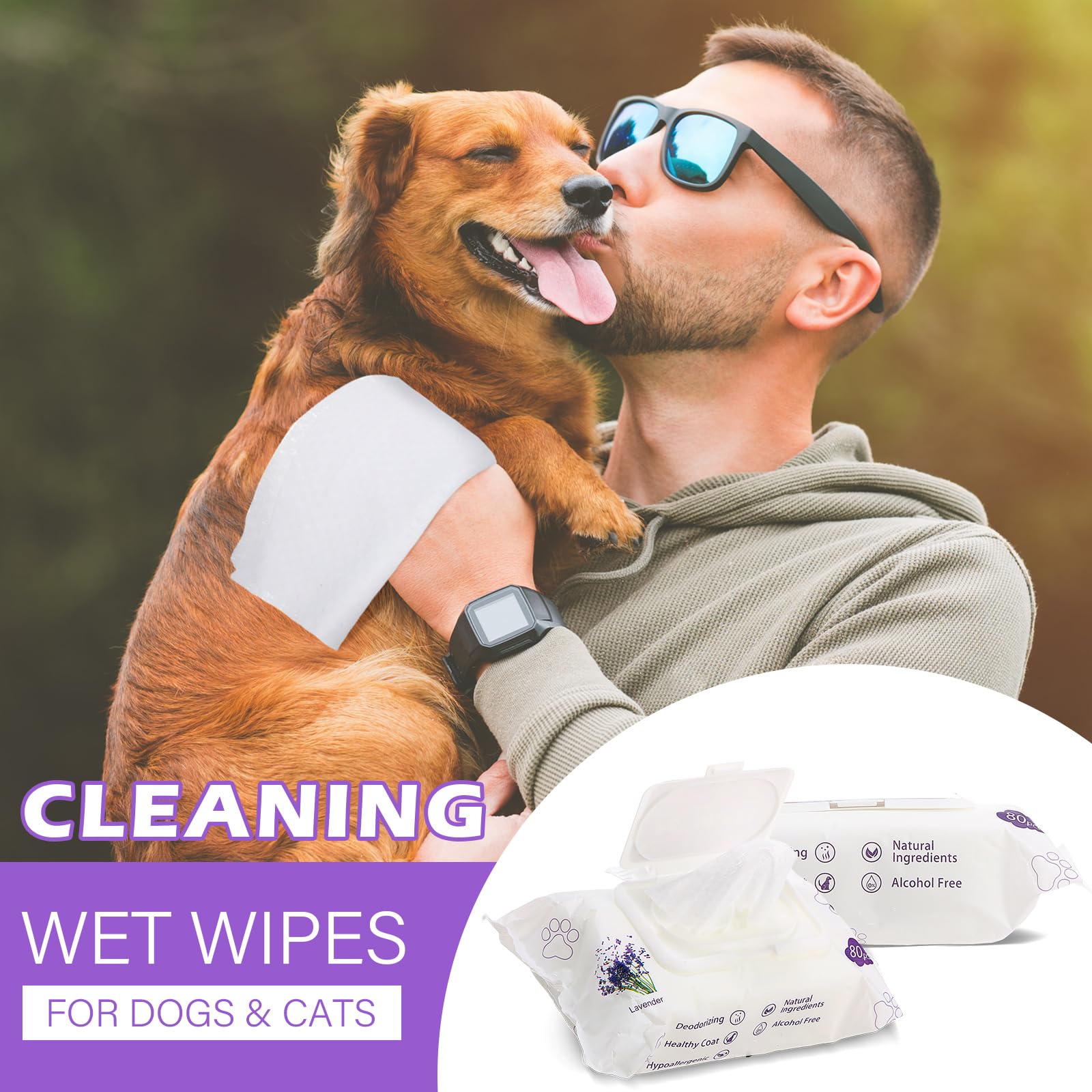 Treela lavender dog wipes removing body dirt during outdoor adventures.