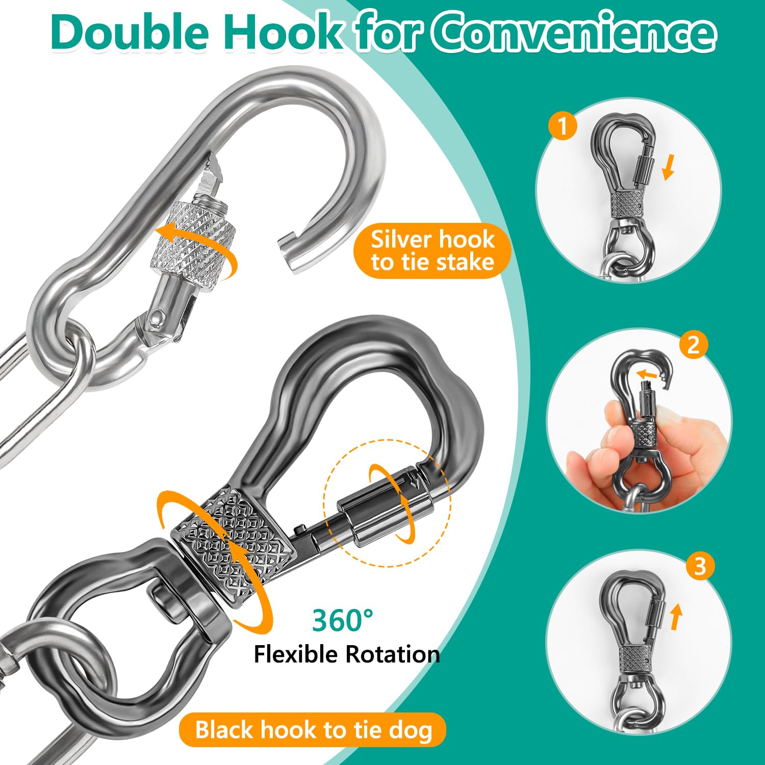 Tresbro dog cable rotatable buckle closeup demonstrates ultra-strong and smooth operation.