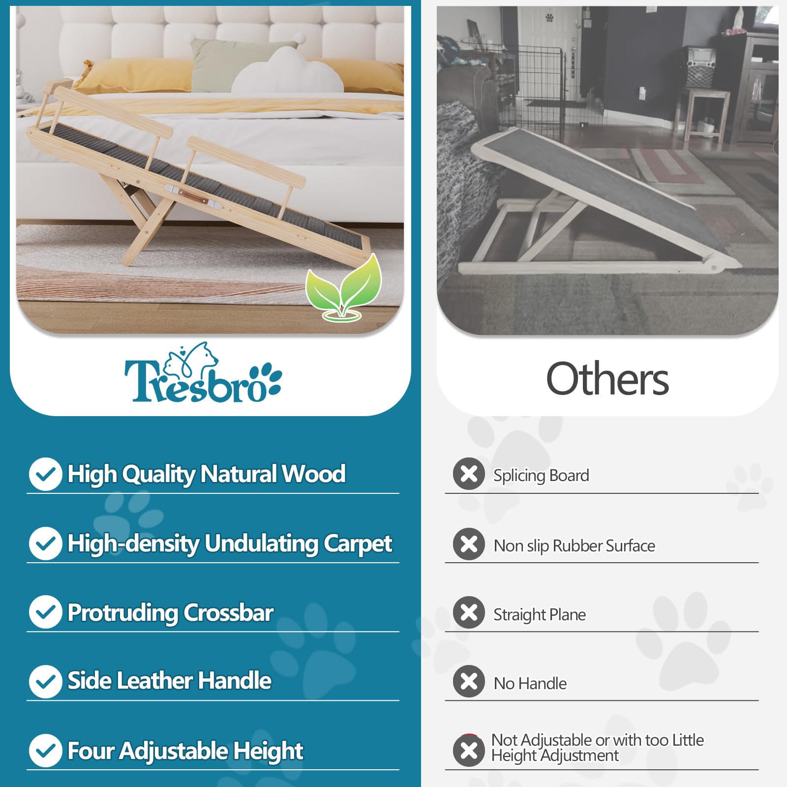 Tresbro Dog Ramp solid pine wood highlights durable, burr-free construction.