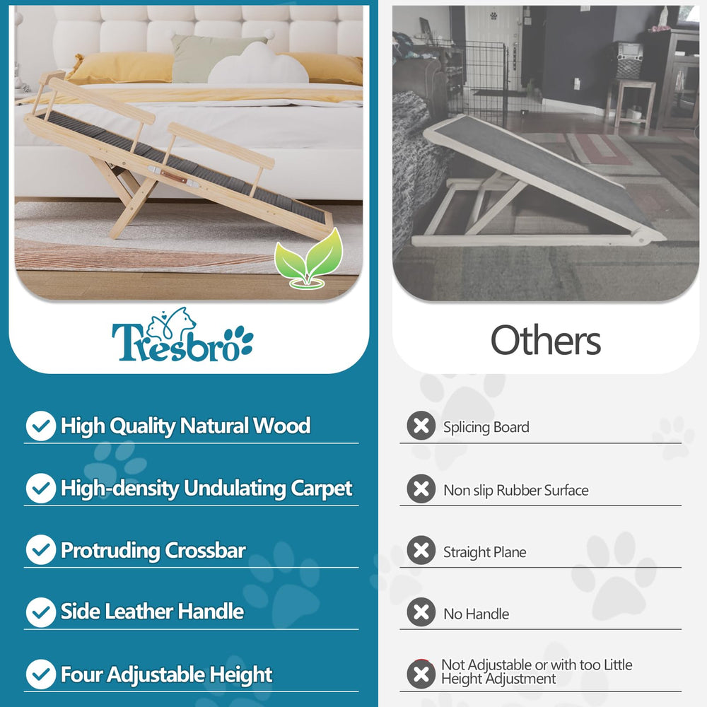 Tresbro Dog Ramp solid pine wood highlights durable, burr-free construction.