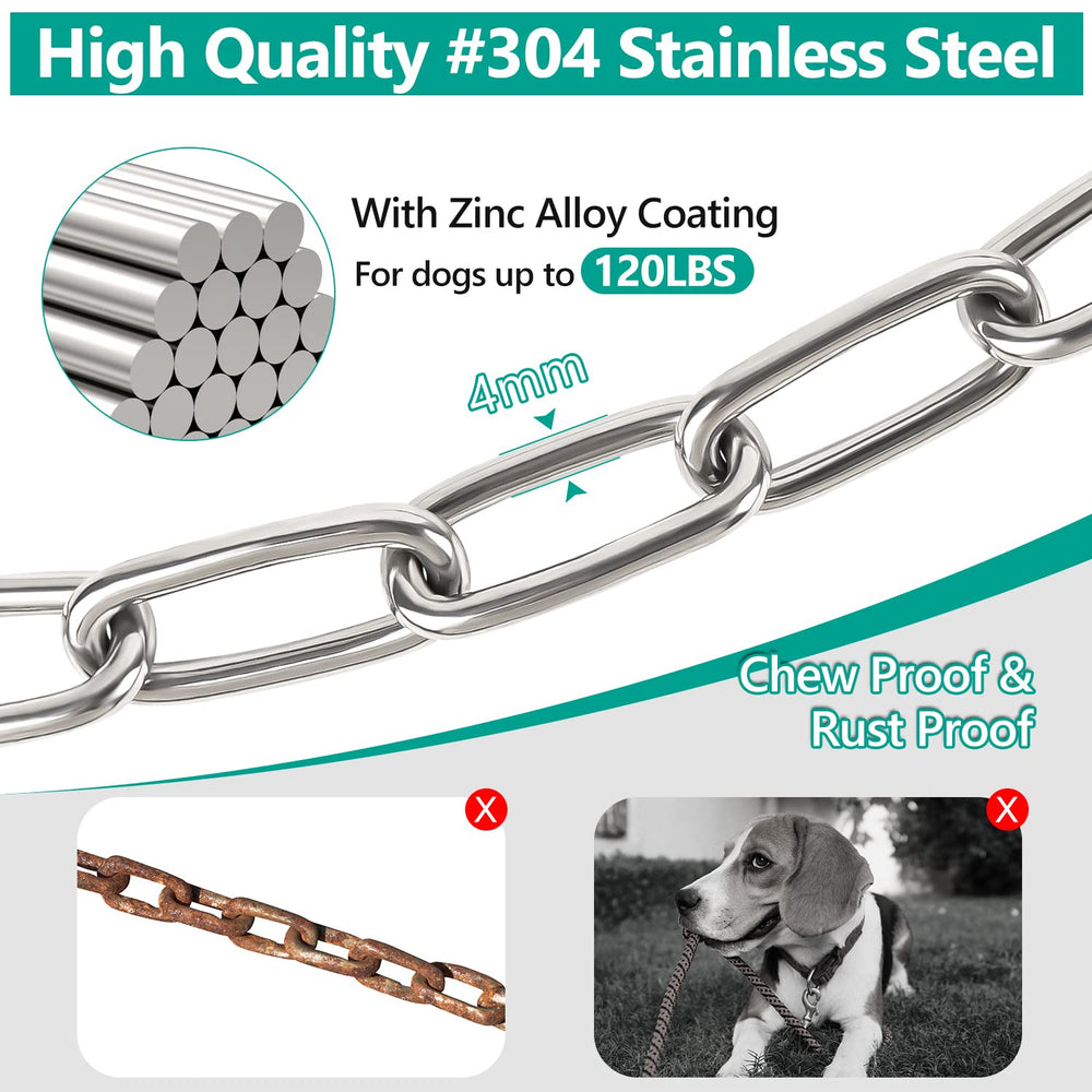 Tresbro stainless-steel tie-out closeup highlights chew-proof construction and zinc-coated longevity.