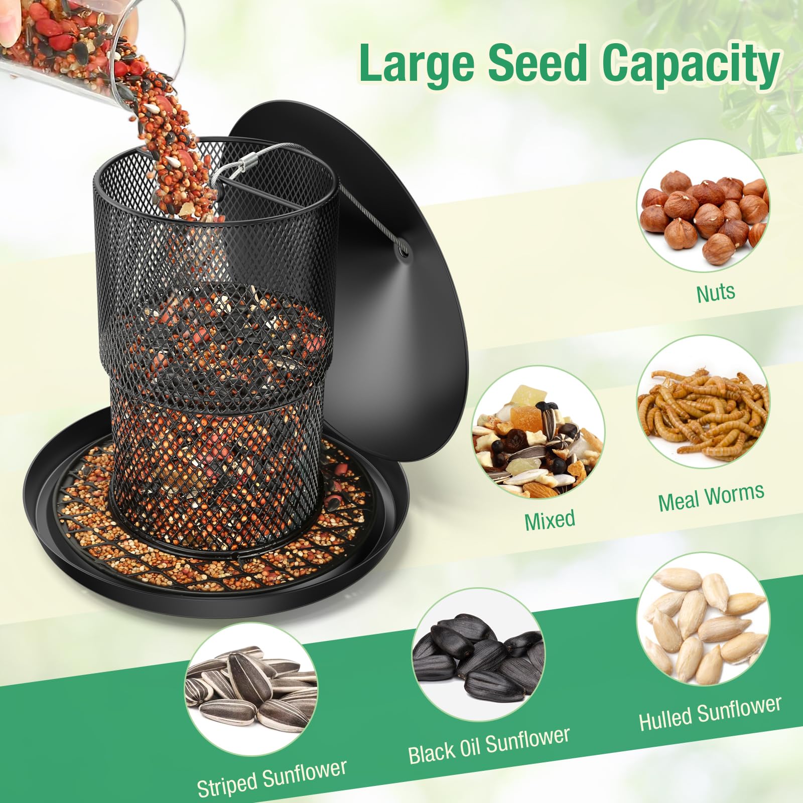 Trieez auto-refill design keeps seeds available as birds dine.