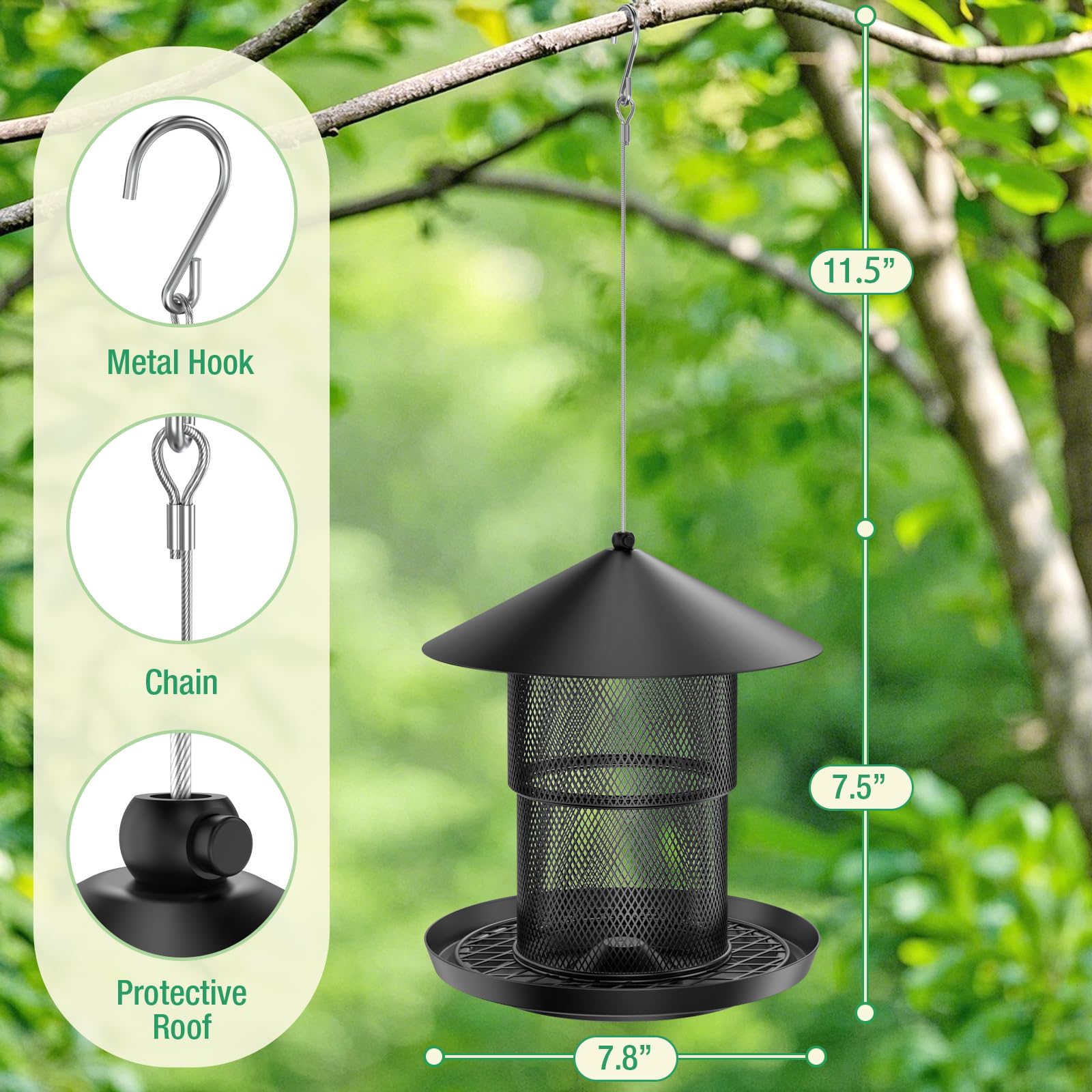 Trieez bird feeder mesh design prevents squirrel access while feeding small birds.