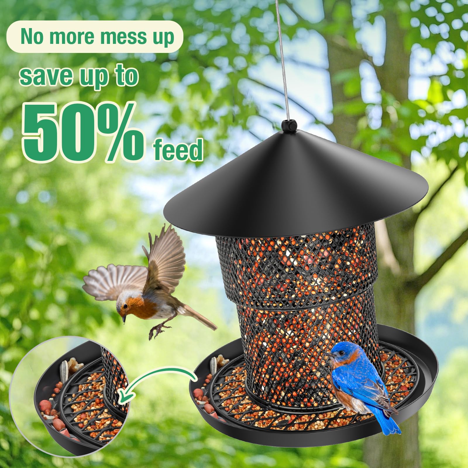 Trieez bird feeder with 3.7 lb seed capacity supports steady bird feeding.
