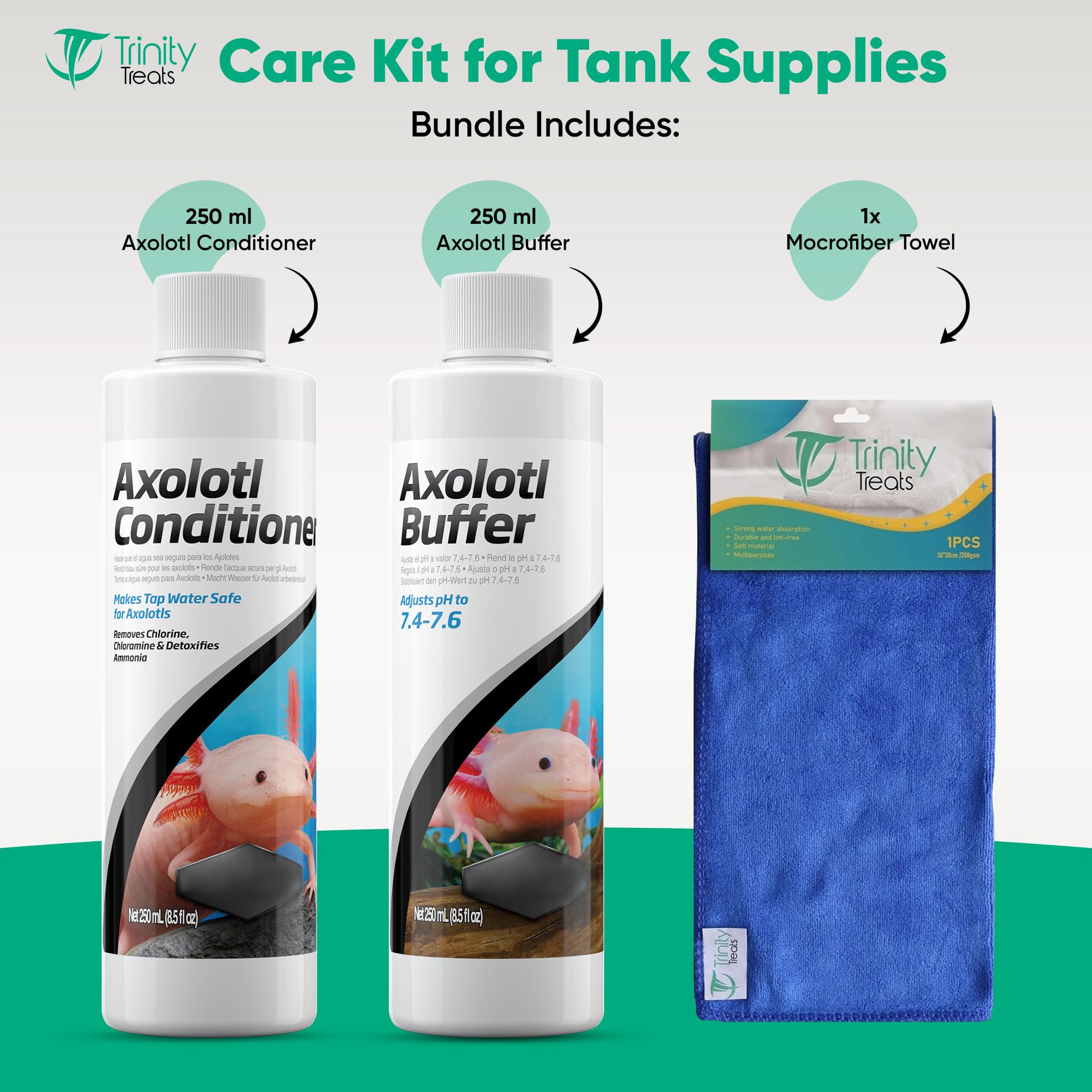 Trinity Treats axolotl buffer 250ml bottle demonstrates stable pH for healthy water.