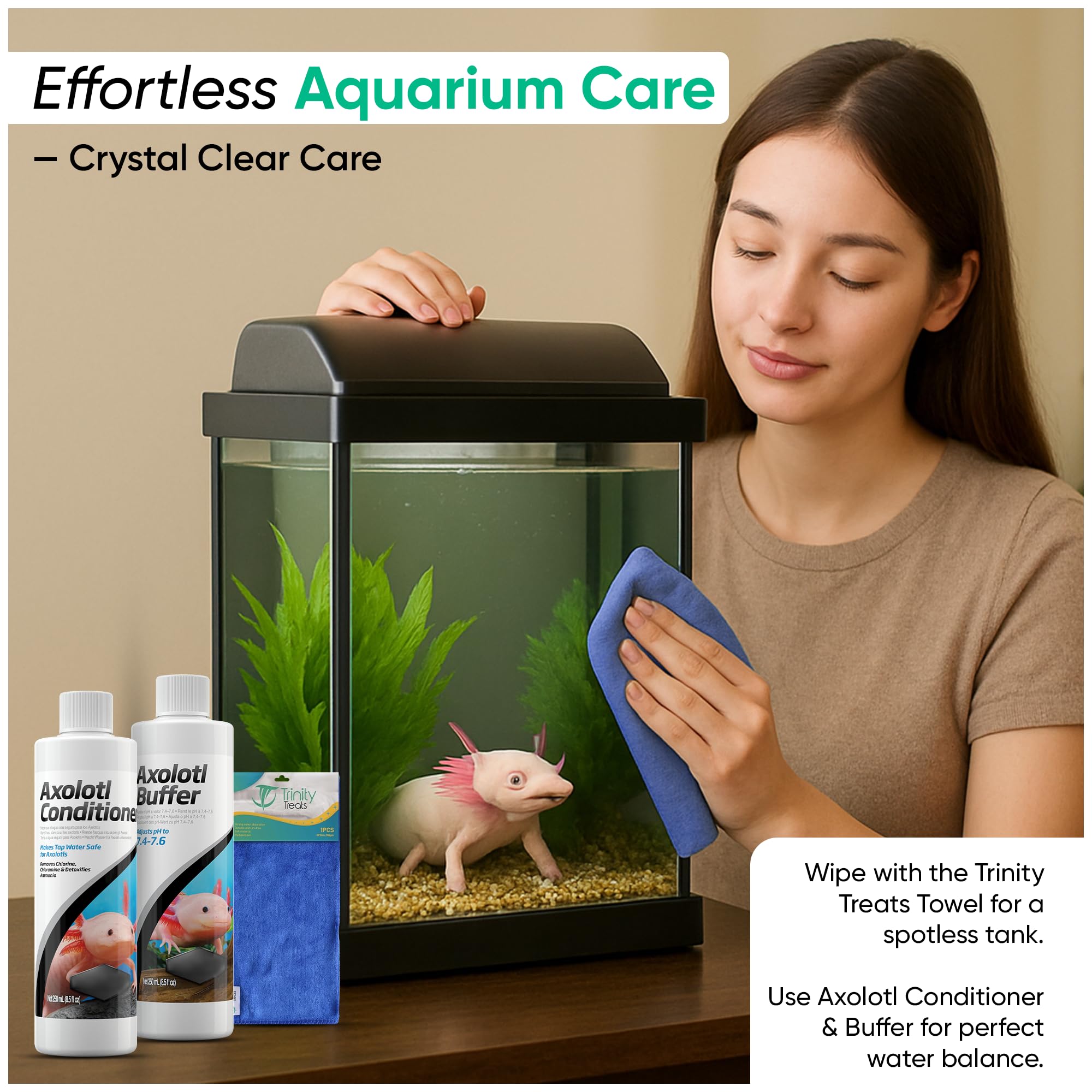 Trinity Treats axolotl care kit complete-package image highlights all-in-one supplies.