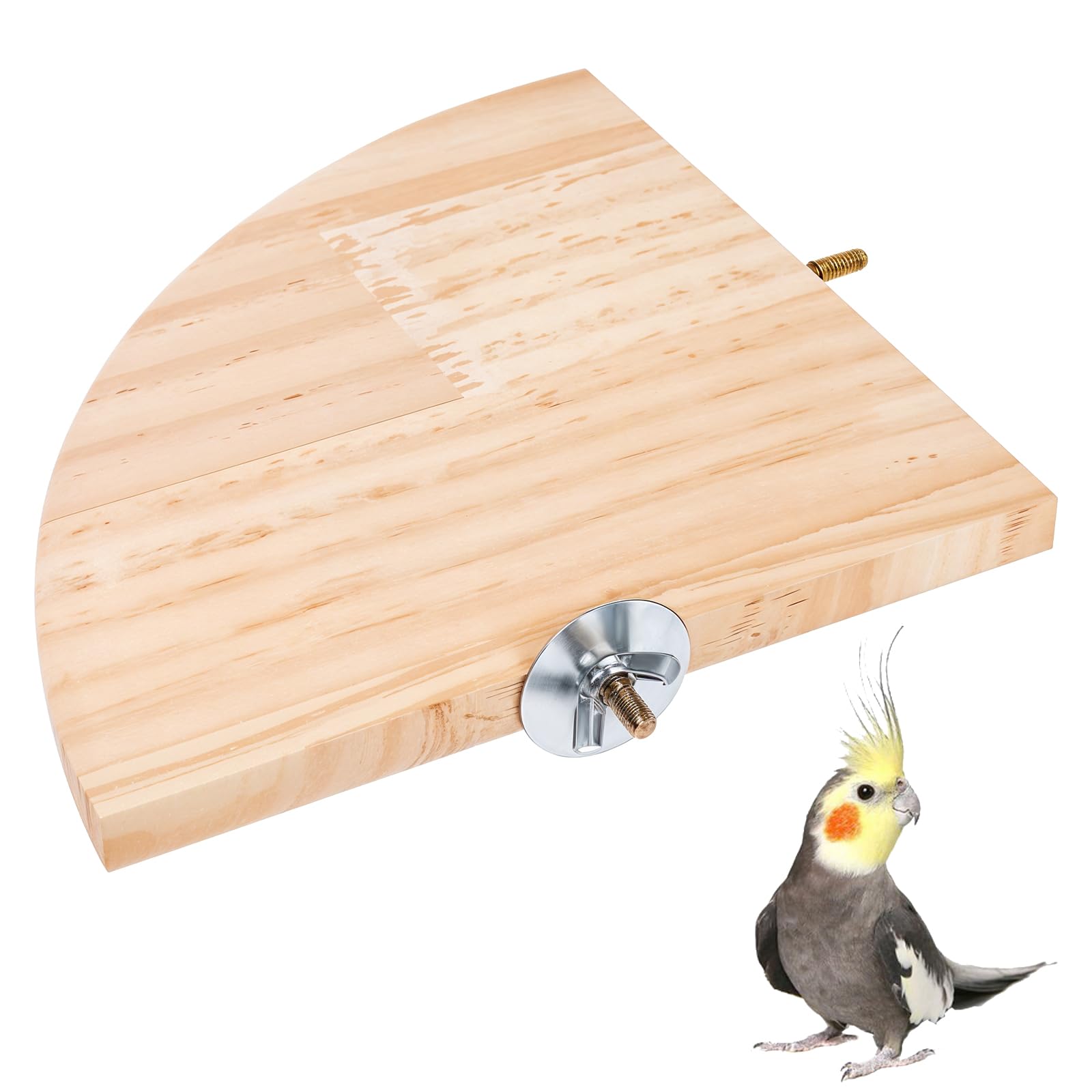 Trinkrittey Bird Perch Platform Stand in corner with natural wood finish for birds
