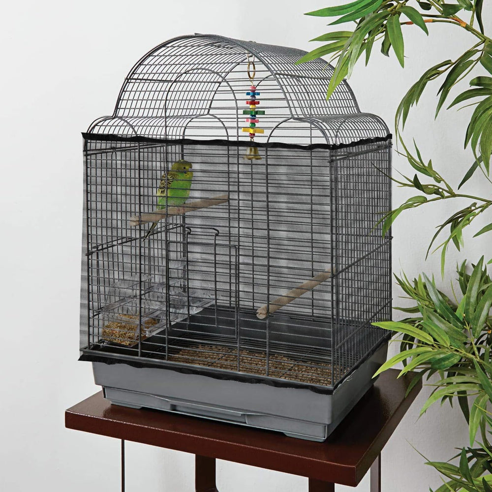 Trinkrittey black seed catcher on parrot cage blends with decor