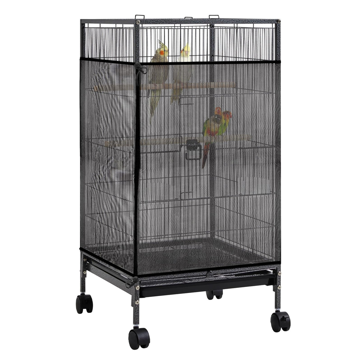 Trinkrittey seed catcher overview highlighting full coverage for cleaner cages and reduced mess.