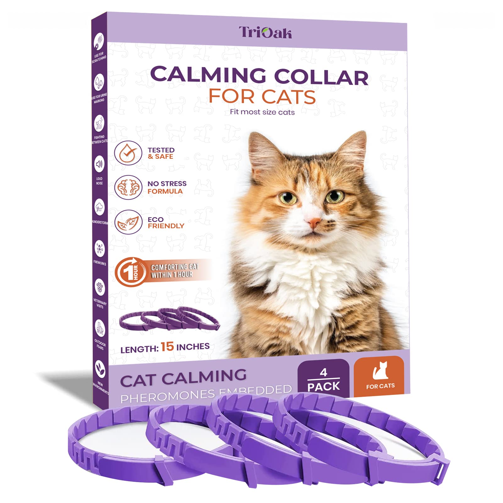 TriOak calming-collar cat front view in purple for calmer behavior in noisy environments.