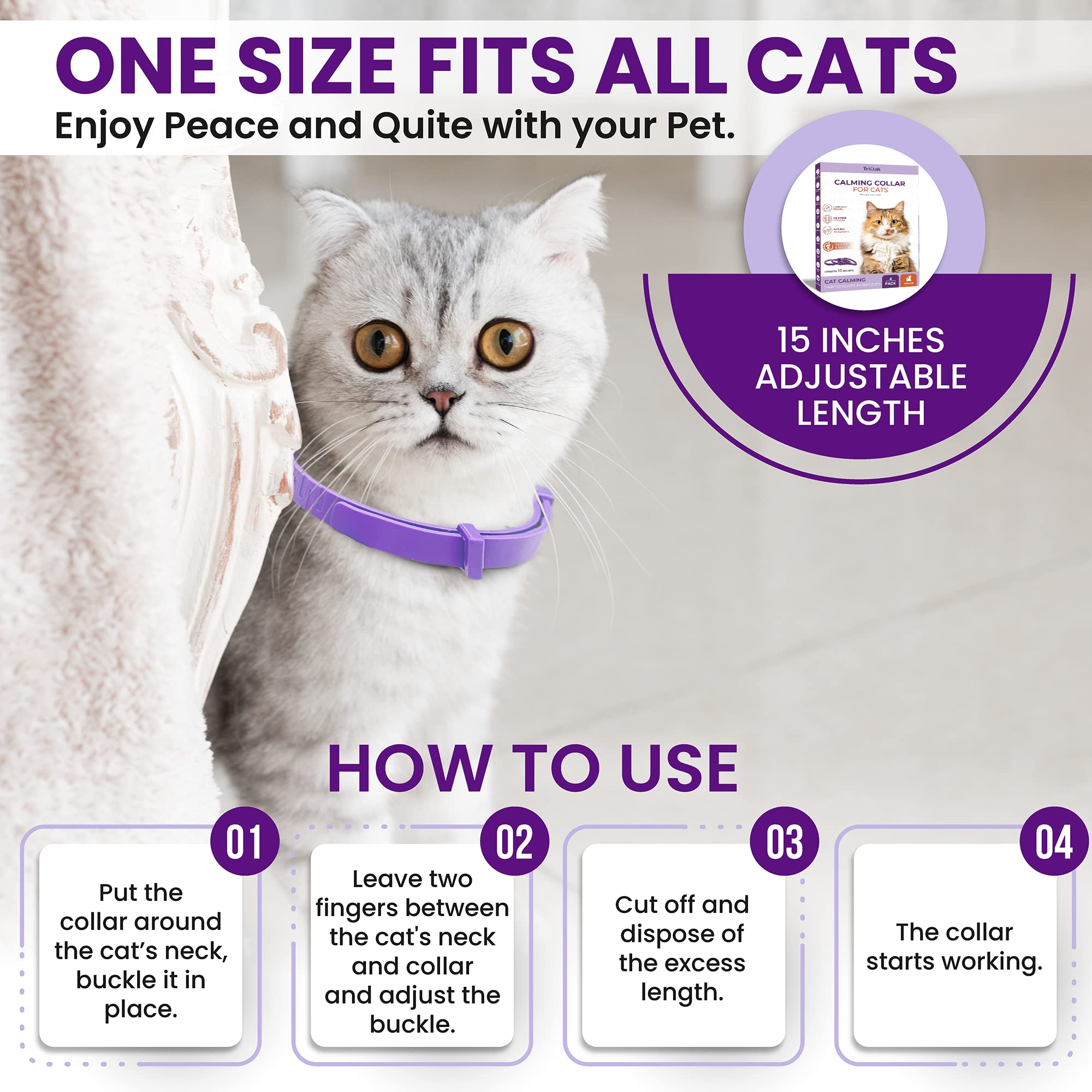 TriOak calming-collar four-pack display purple indicating long-term multi-cat support.