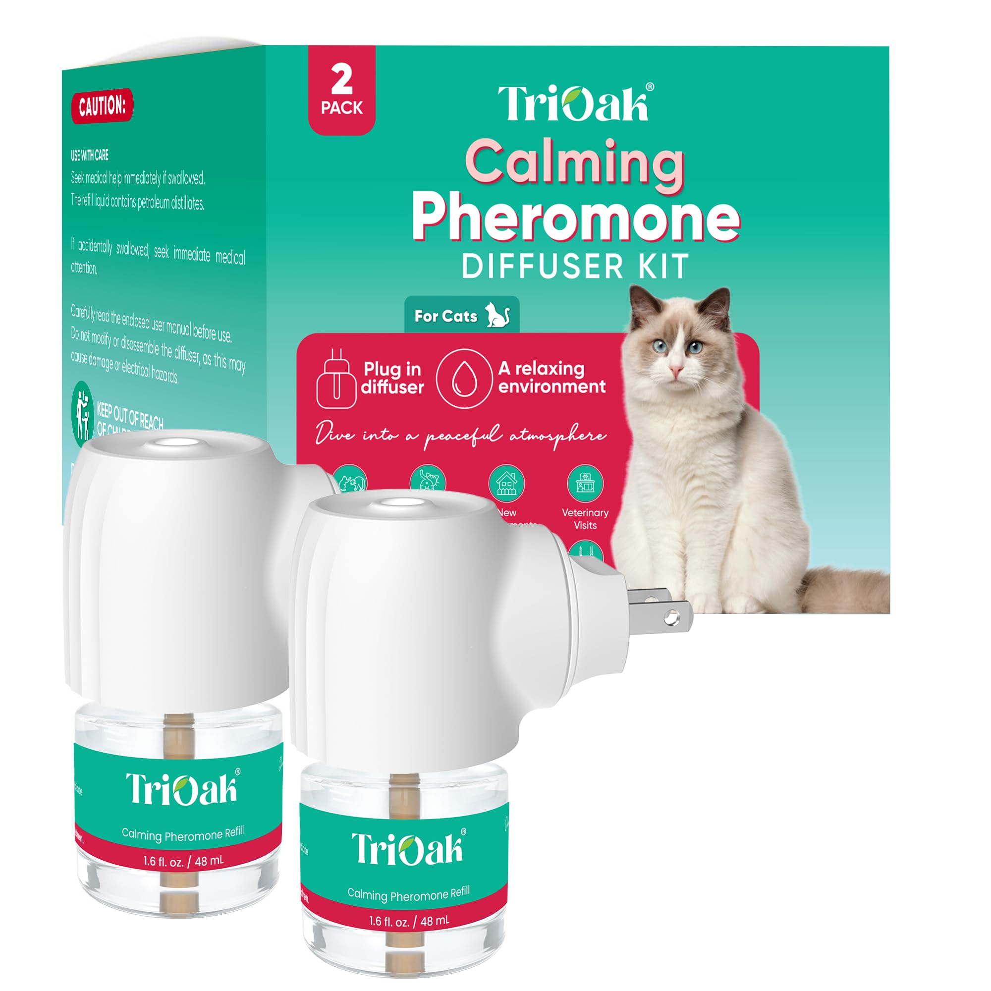 TriOak cat pheromones diffuser 2-pack box demonstrates convenient home setup