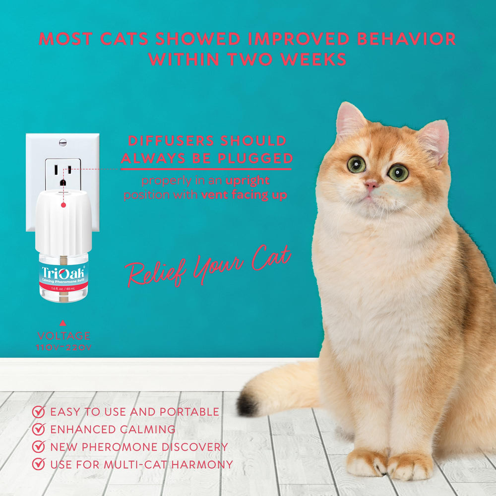 TriOak cat pheromones diffuser plugged into outlet for discreet calming