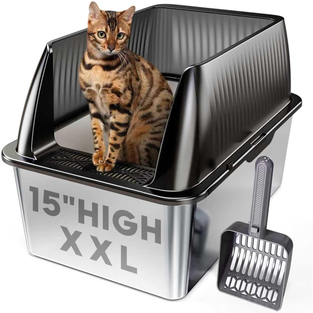 Tripamin translucent-black XL litter box front view with spacious interior for large cats.