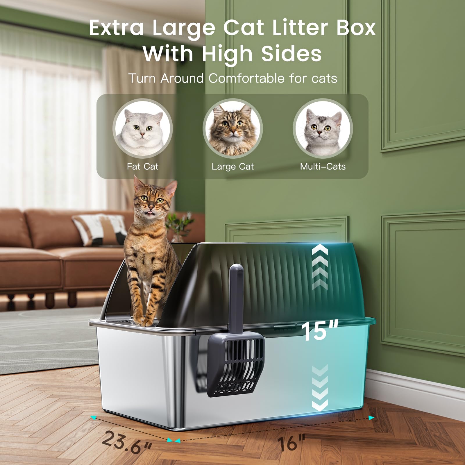 Tripamin XL stainless steel litter box close-up shows rust-resistant, easy-clean surface.