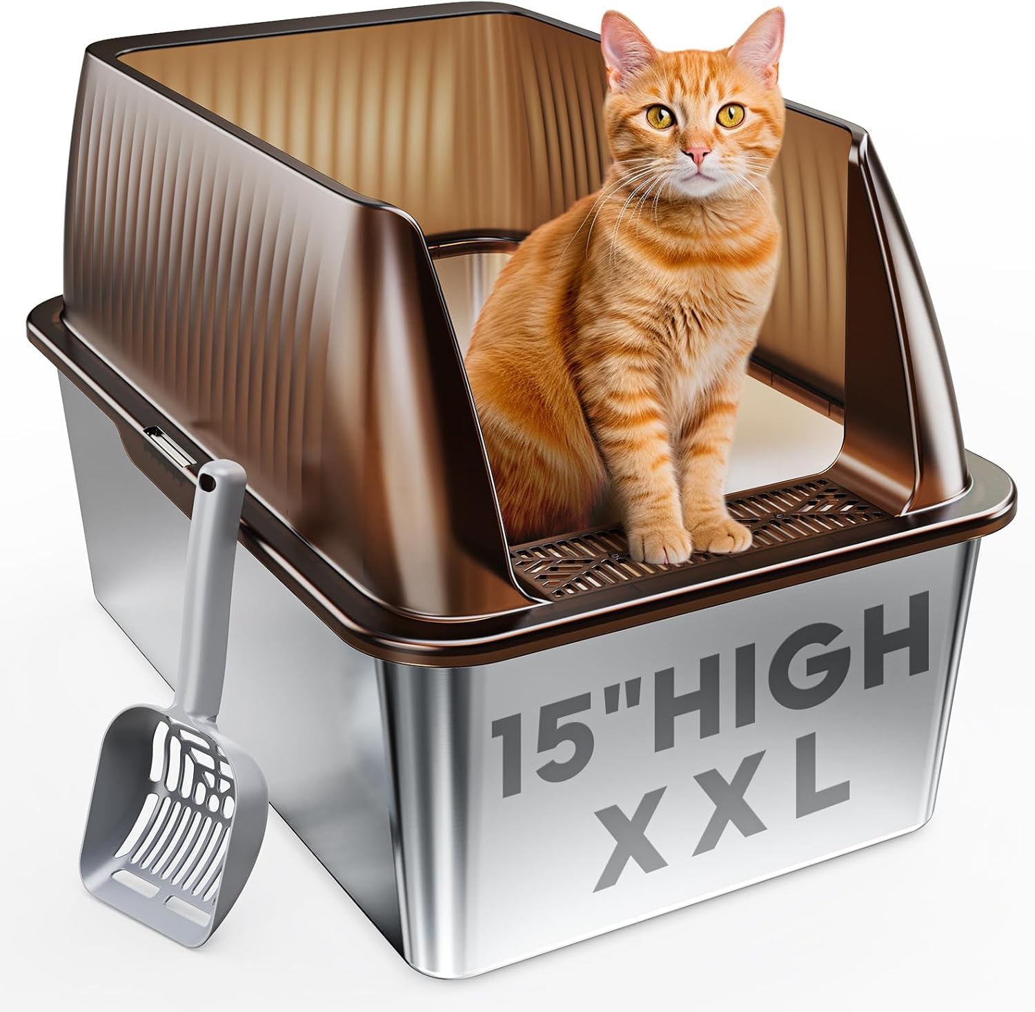 Tripamin XL stainless steel litter box exterior shows rugged, long-lasting design for large cats