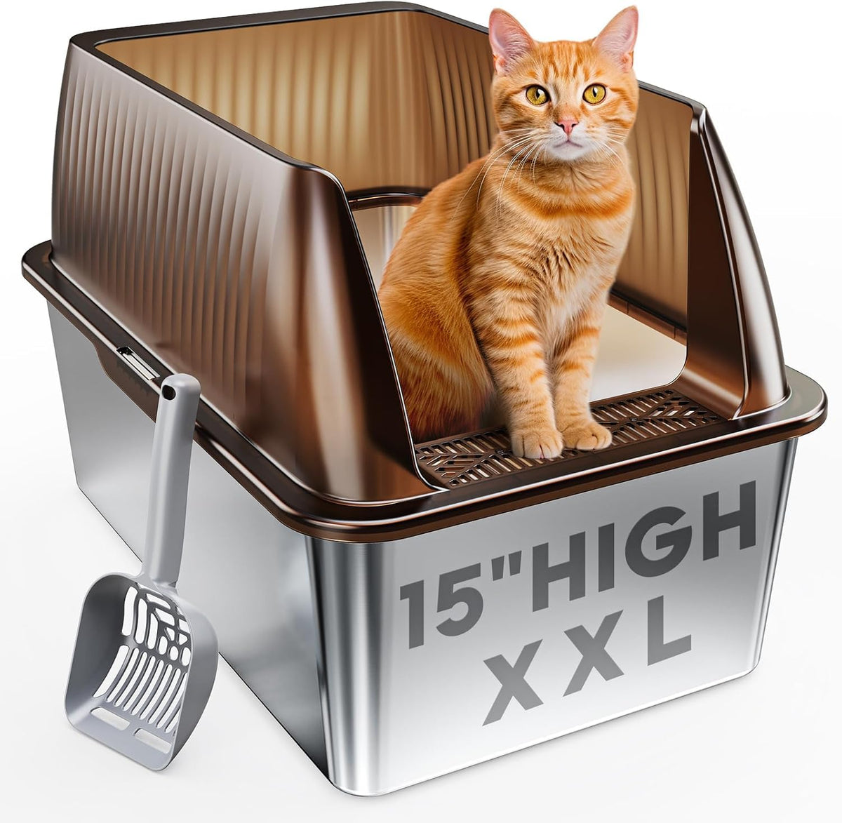 Tripamin XL stainless steel litter box exterior shows rugged, long-lasting design for large cats