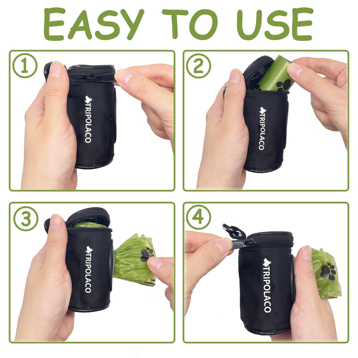 TRIPOLACO carabiner clip attachment to leash ensures quick reach during walks.