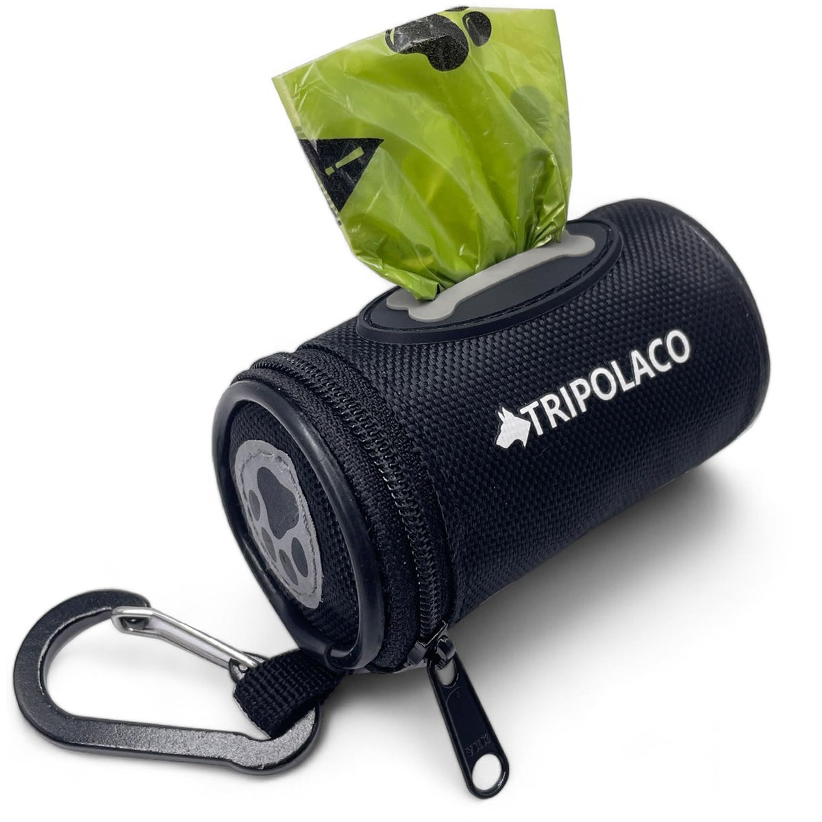 TRIPOLACO dog poop bag holder front view highlights quick-access design for one-at-a-time bags.