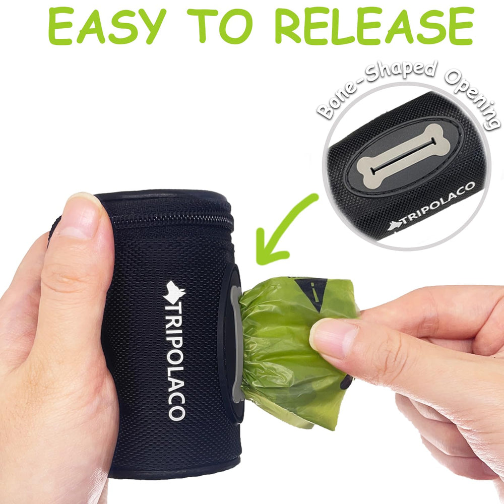 TRIPOLACO dog waste bag holder close-up bone-shaped slot enables easy one-at-a-time dispensing.
