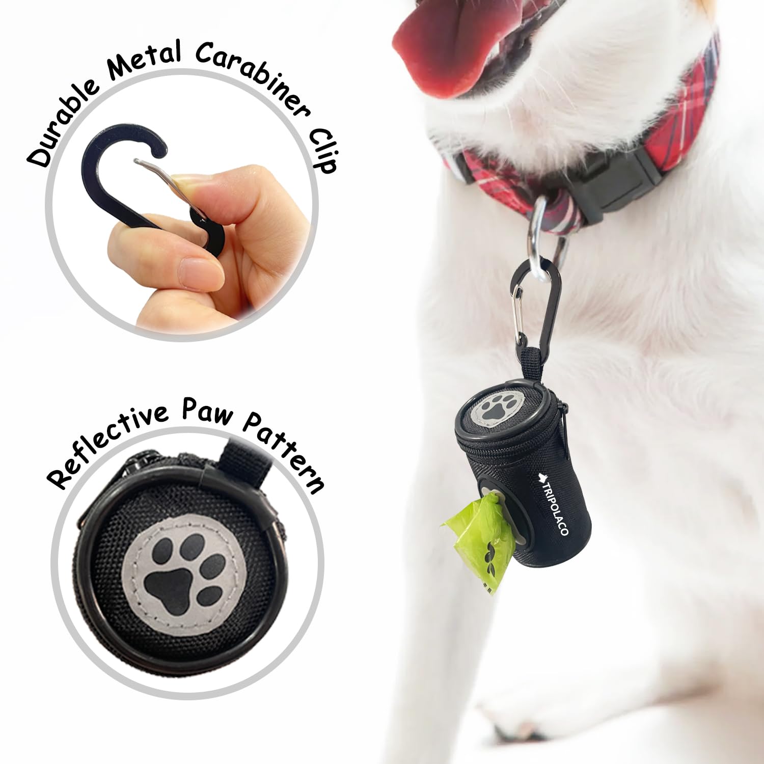 TRIPOLACO dog poop bag holder side clip shows secure carabiner attachment for hands-free walks.