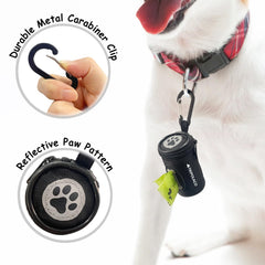 TRIPOLACO dog poop bag holder side clip shows secure carabiner attachment for hands-free walks.