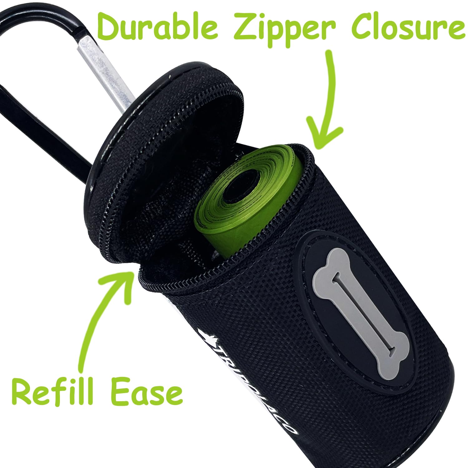 TRIPOLACO durable nylon and zipper detail on bag holder demonstrates long-lasting use.