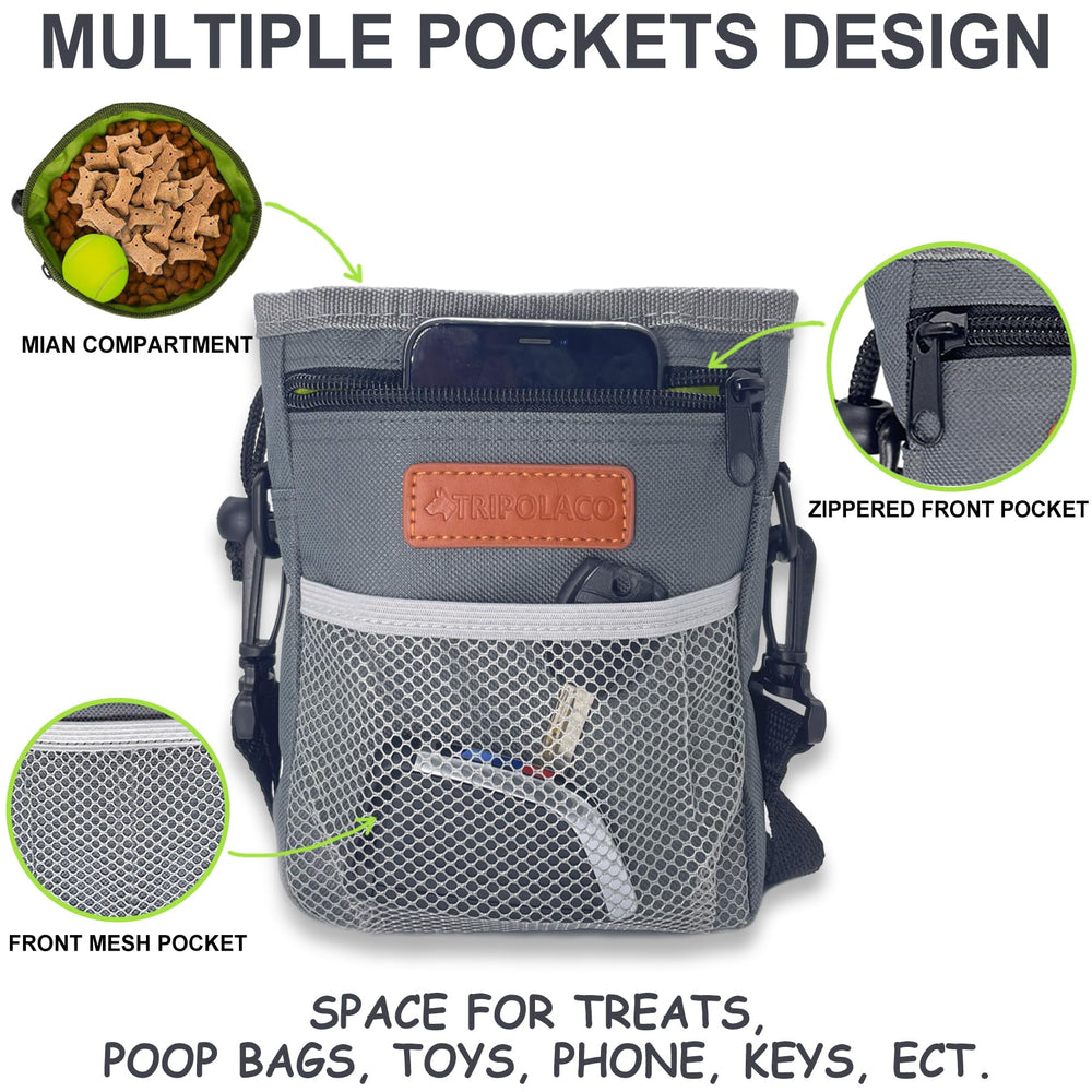 TRIPOLACO dog treat pouch with bright green lining aids fast snack access