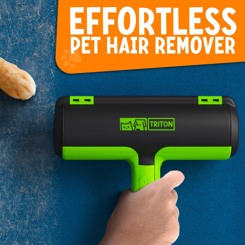 Triton pet hair removal tool compact storage demonstrates 60% smaller size for easy closet use
