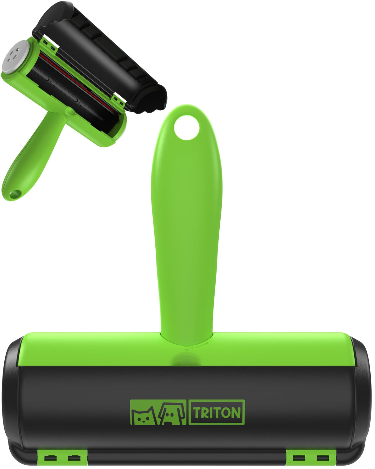 Triton pet hair removal tool green roller close-up, dual rubber strips for deep fur pickup