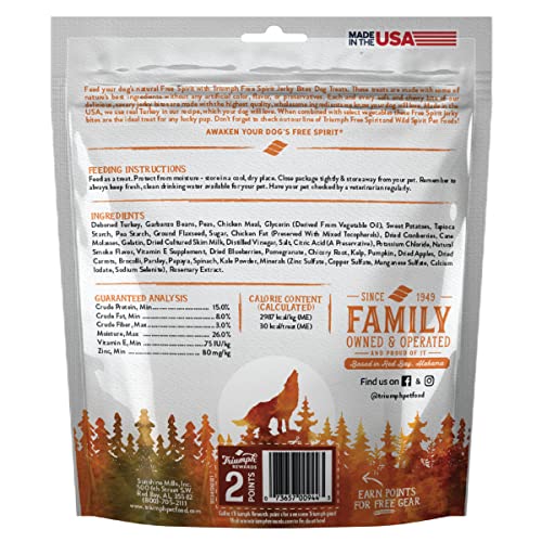 Triumph Free Spirit grain-free turkey-vegetable-cranberry bites showing wholesome ingredients.