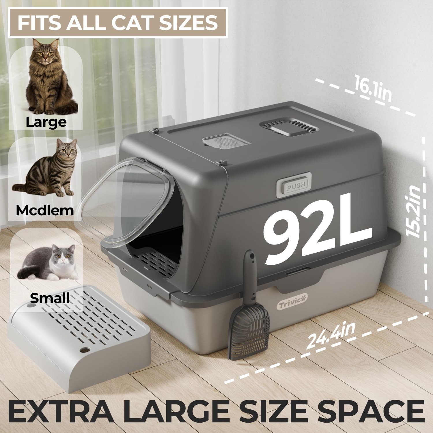 Trivico litter-trap-step action captures reduced litter tracking.