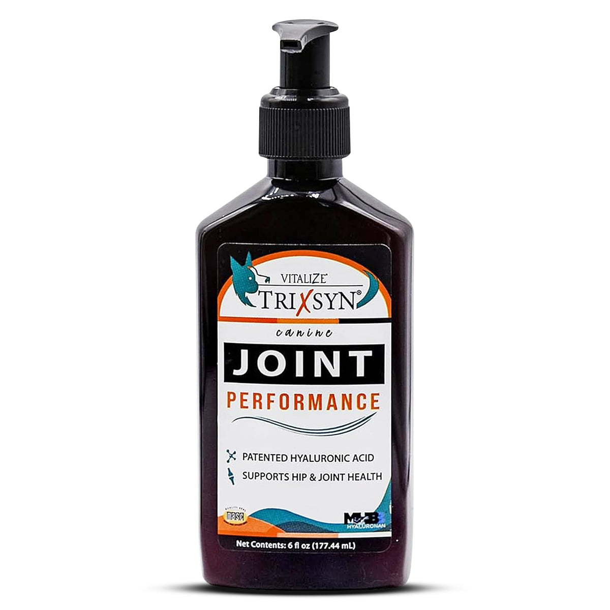 TRIXSYN Canine Performance bottle pour demonstrates easy daily dosing for joint support.