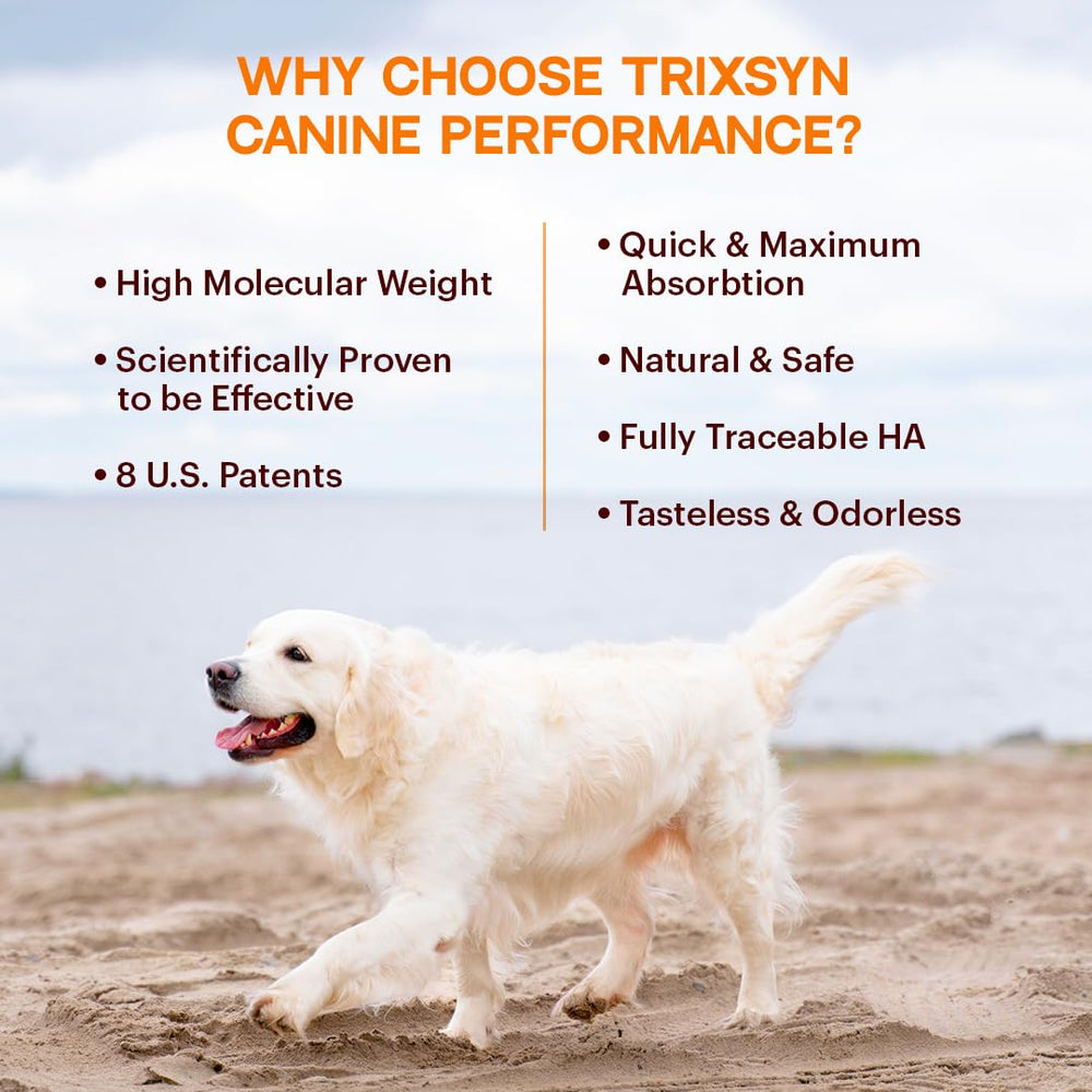 TRIXSYN Canine Performance label closeup highlights the patented MHB3 hyaluronan formula benefits.