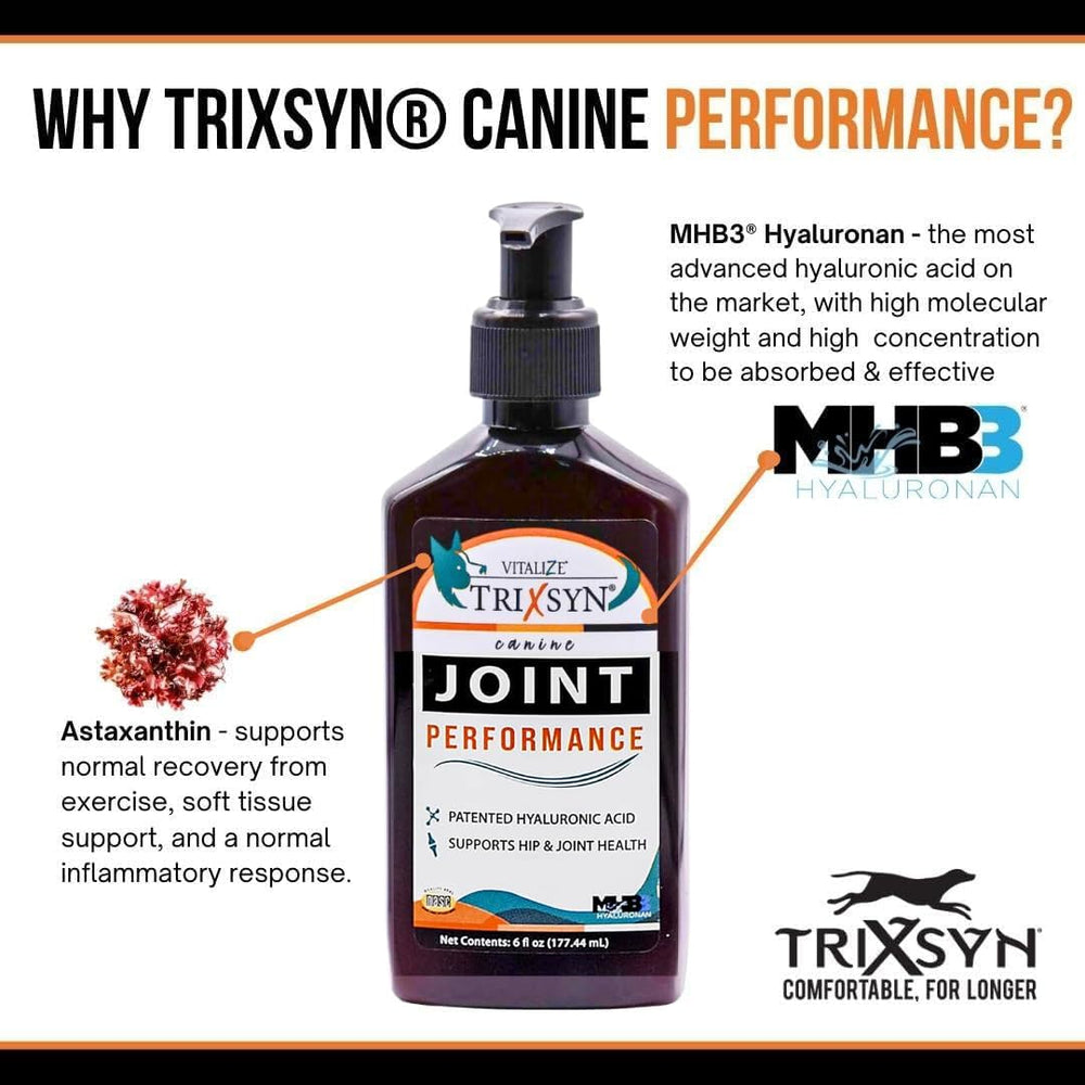 TRIXSYN Canine Performance packaging box illustrates a 72-day supply for ongoing joint support.