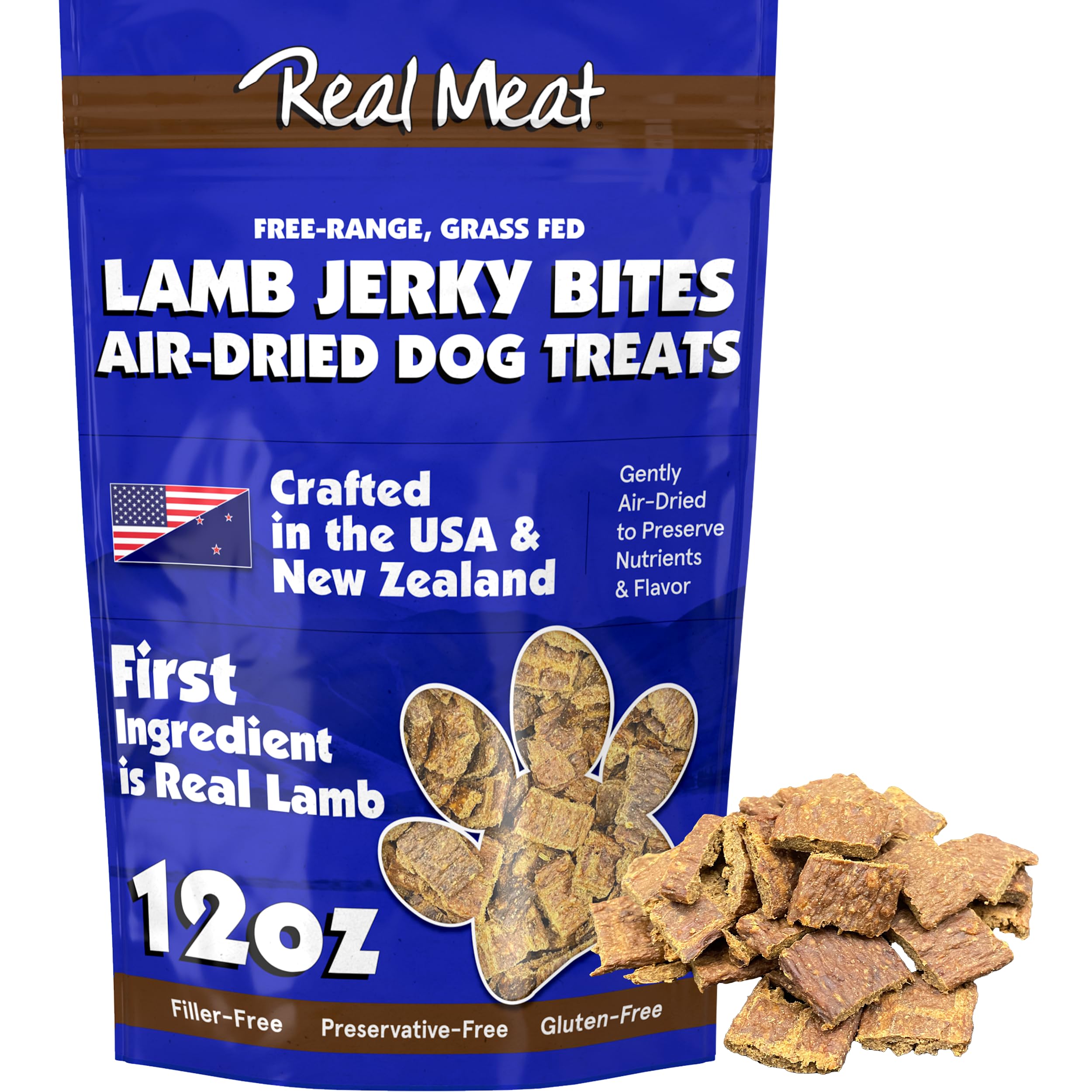 TRMC real meat dog treats 12oz bag front—premium lamb jerky for training rewards