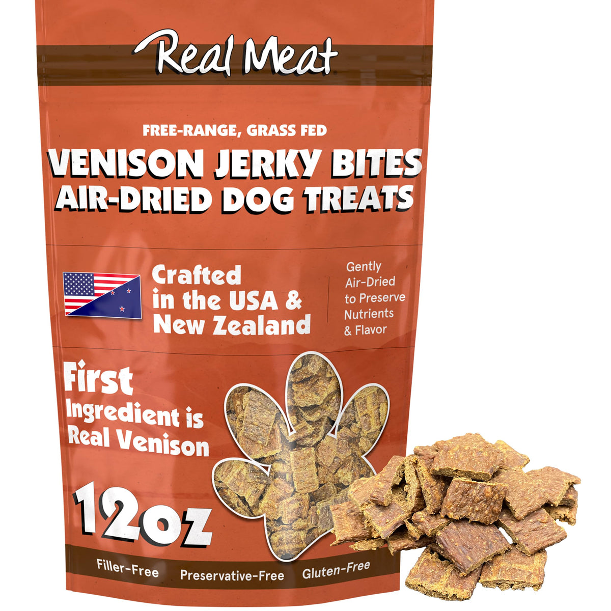 TRMC Real Meat venison jerky bag shows premium, high-protein rewards for training.