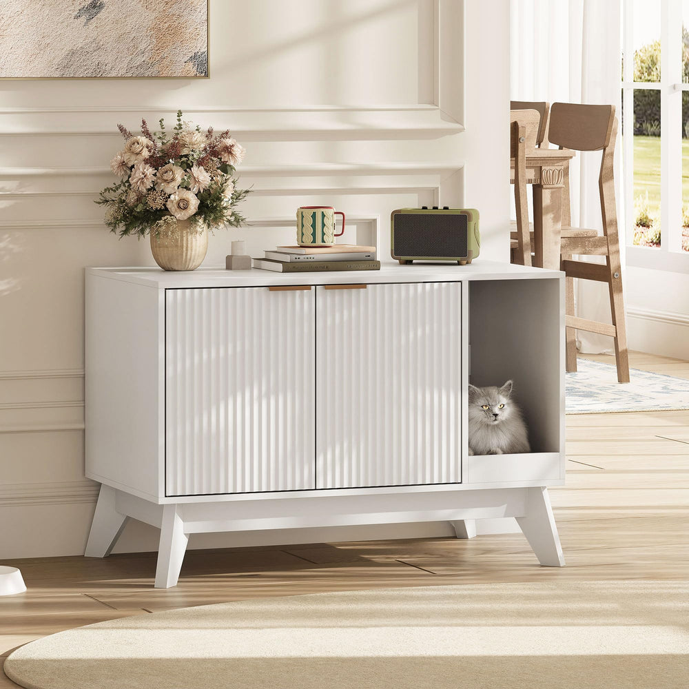 TROJM cat litter box enclosure front view in white, privacy-focused furniture for cat bathroom