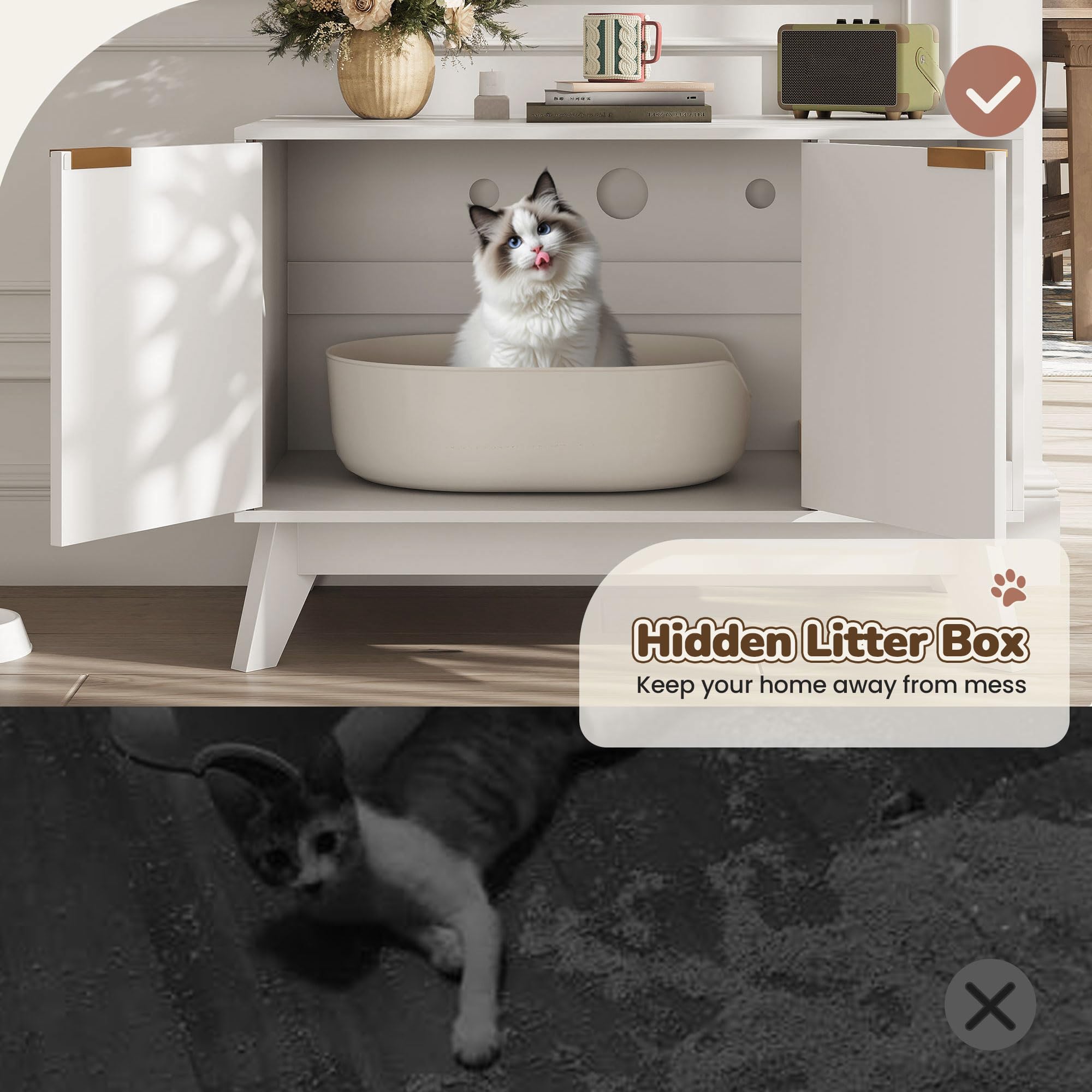 TROJM cat litter box enclosure scratching pad at entrance promotes claw-sharpening