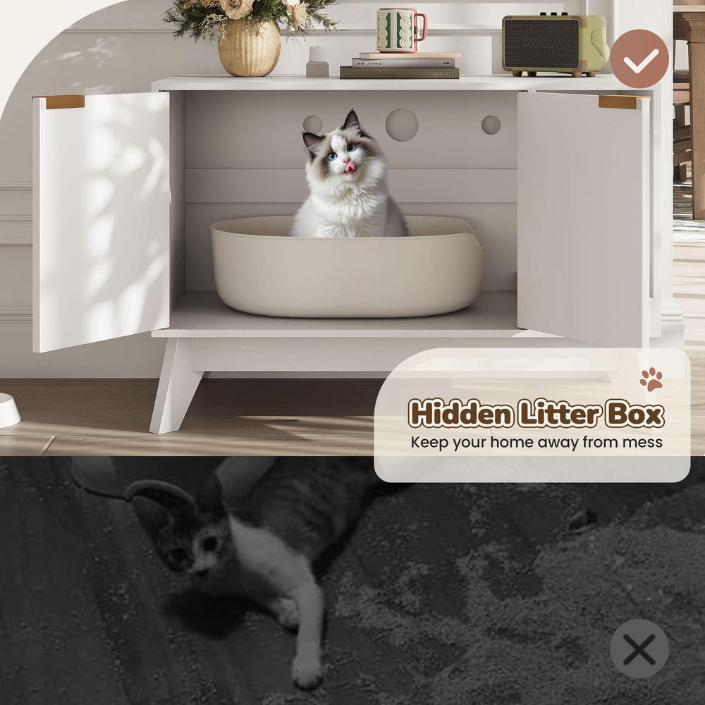 TROJM cat litter box enclosure scratching pad at entrance promotes claw-sharpening